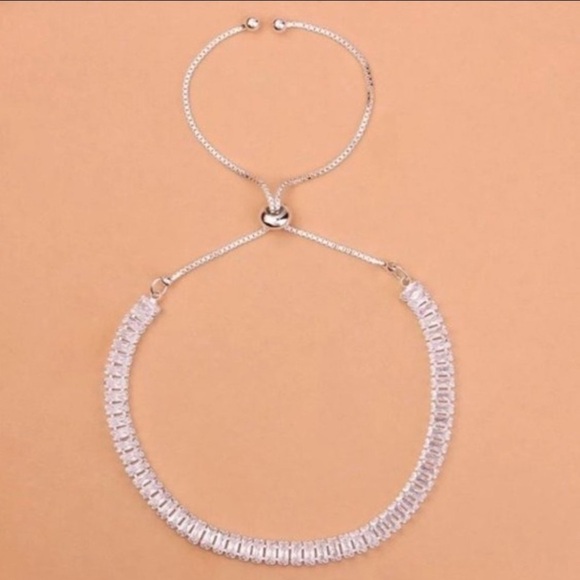 NEW Set of TWO SILVER Chain Clear Baguette Cut Crystals Dainty Bracelets - Picture 7 of 9